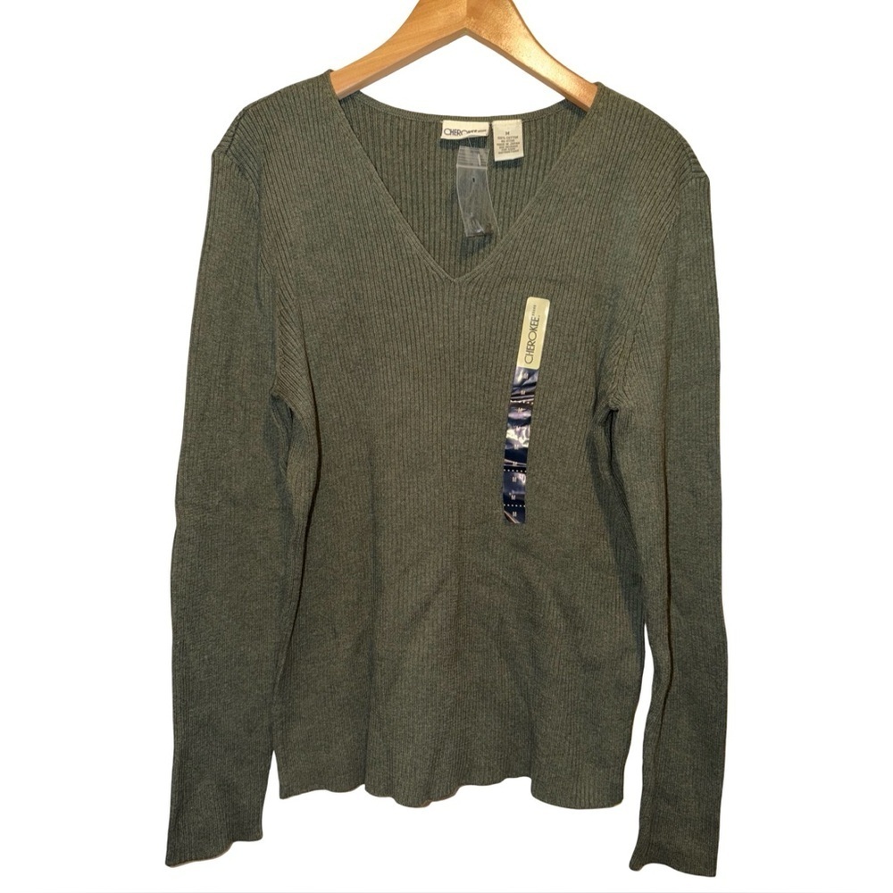 NWT Cherokee 100% Cotton Olive V-Neck Ribbed Women's Sweater Top